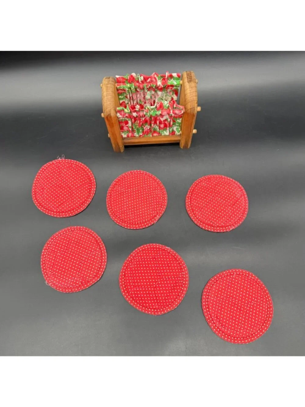 Quilted Strawberry Coasters Wood Holder Farmhouse Cottage Set Of 6 Polka Dots